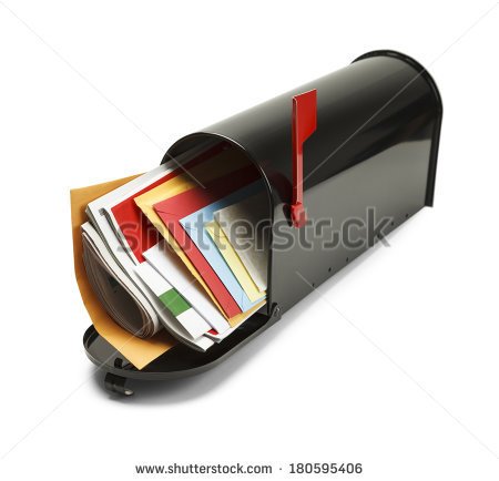 Open Black Mailbox Filled With Mail Isolated On White Background    