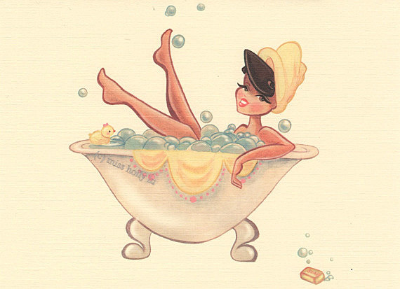 Pinup Girl Greeting Card Note Card Bubble Bath Bath Time Yellow