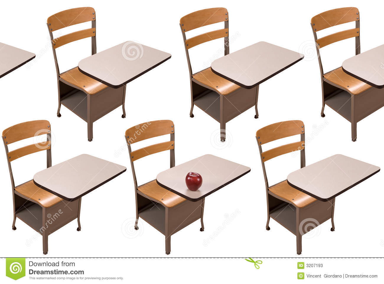 School Desks In Rows And One Desk With An Apple Isolated Over A White