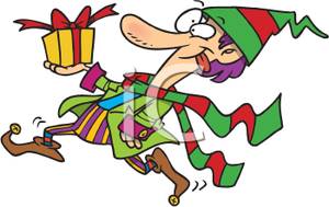 Silly Christmas Elf With A Present   Royalty Free Clipart Picture