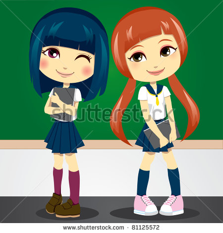 Two Shy Teenage Girls In Student Uniform Carrying Folders On First Day    