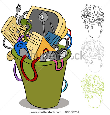 An Image Of A Trash Can Of Obsolete Electronic Devices    Stock Vector