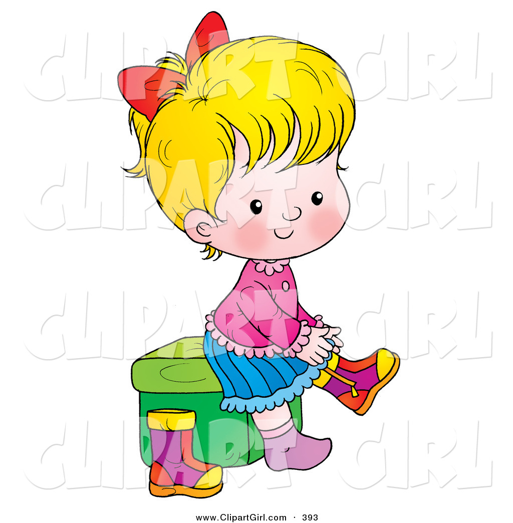     Art Of A Blond Girl Sitting On Stool And Putting Her Boots Clipart
