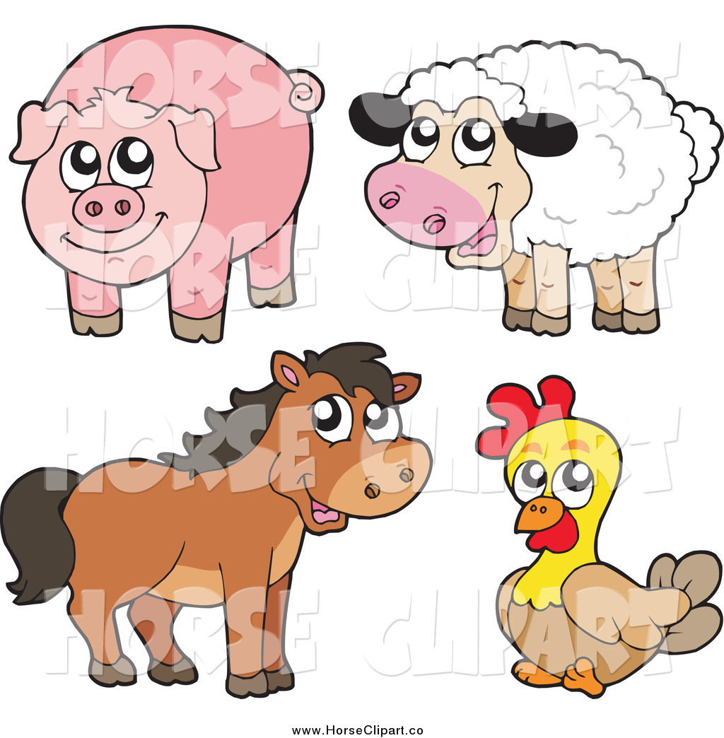 Clip Art Of A Cute Sheep Pig Brown Horse And Chicken