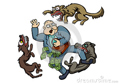 Greedy Man With Money Running Away From Three Evil Dogs  Vector    
