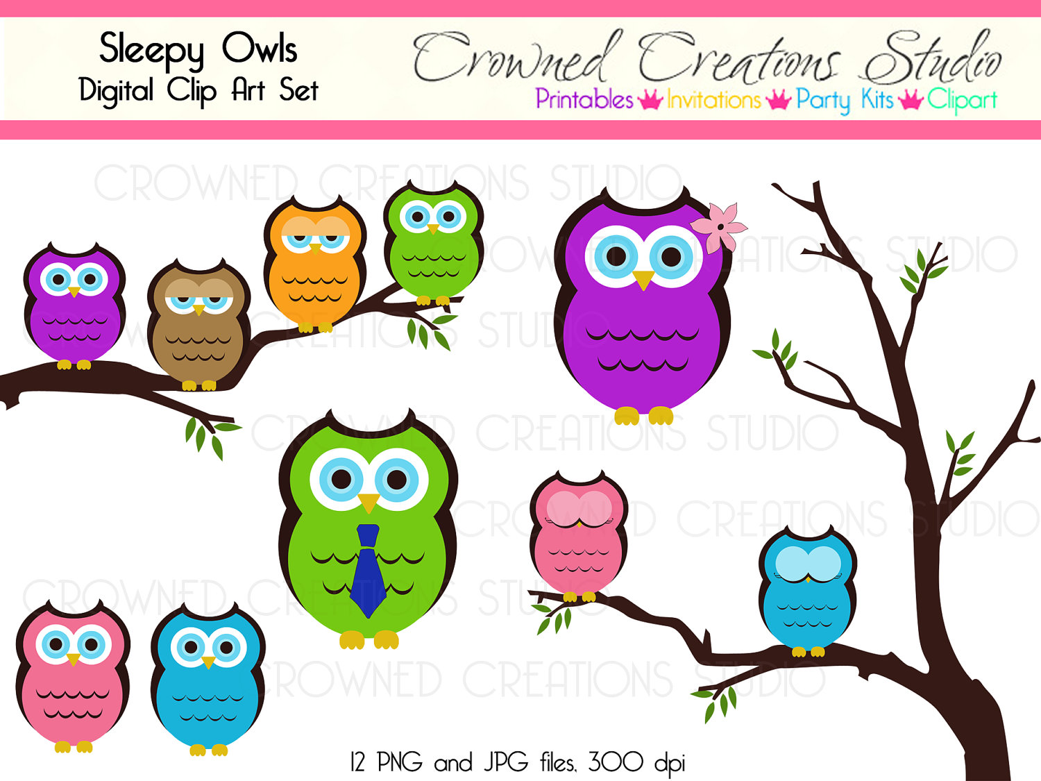 Owl Clip Art Set  Sleepy Owls  Digital Clip By Crownedcreations