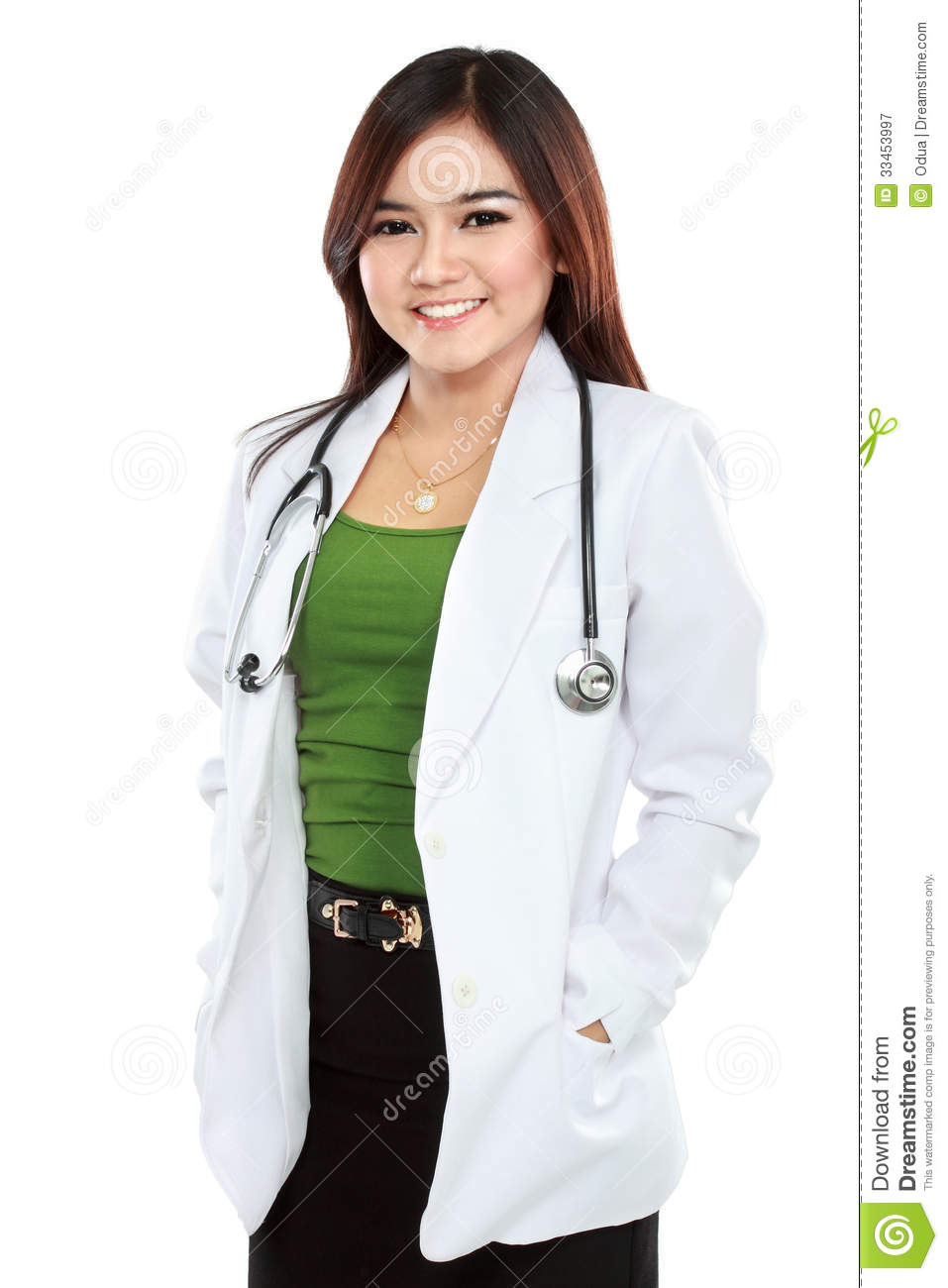 Portrait Of A Female Doctor In Lab Coat With Stethoscope Isolated Over