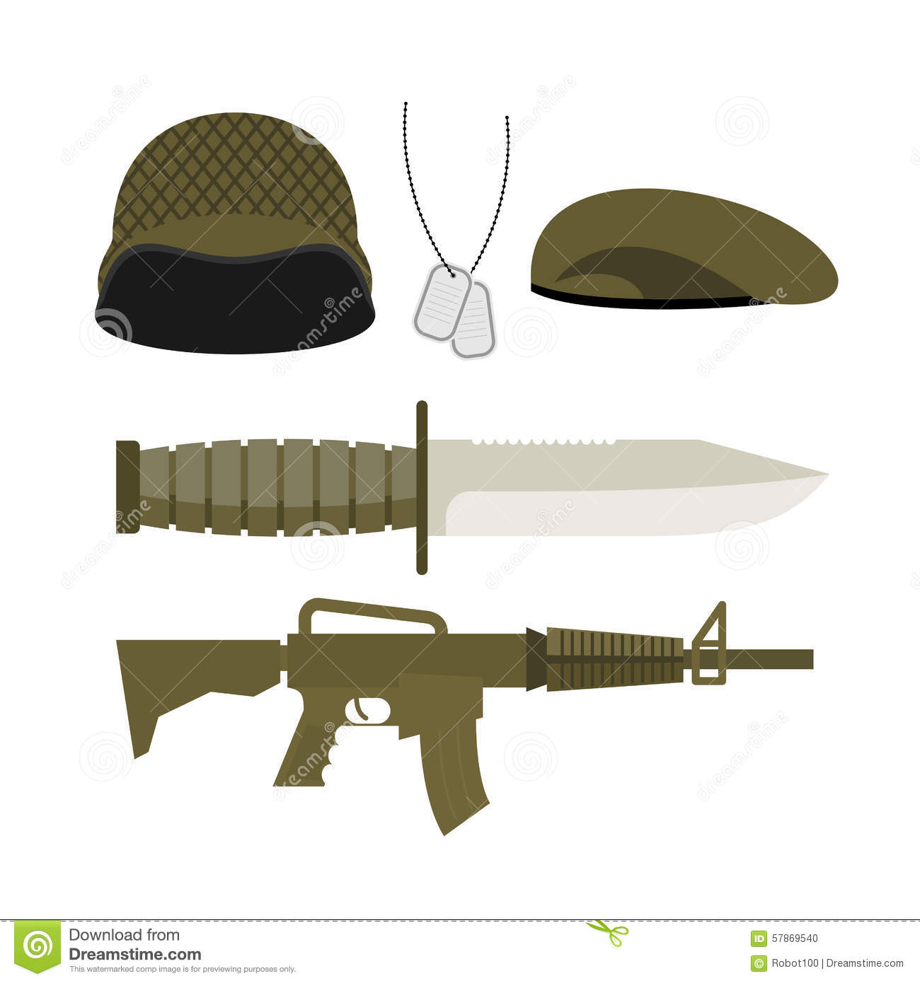 Set Army Military Icon   Soldiers Helmet And Badge Gun And Knif