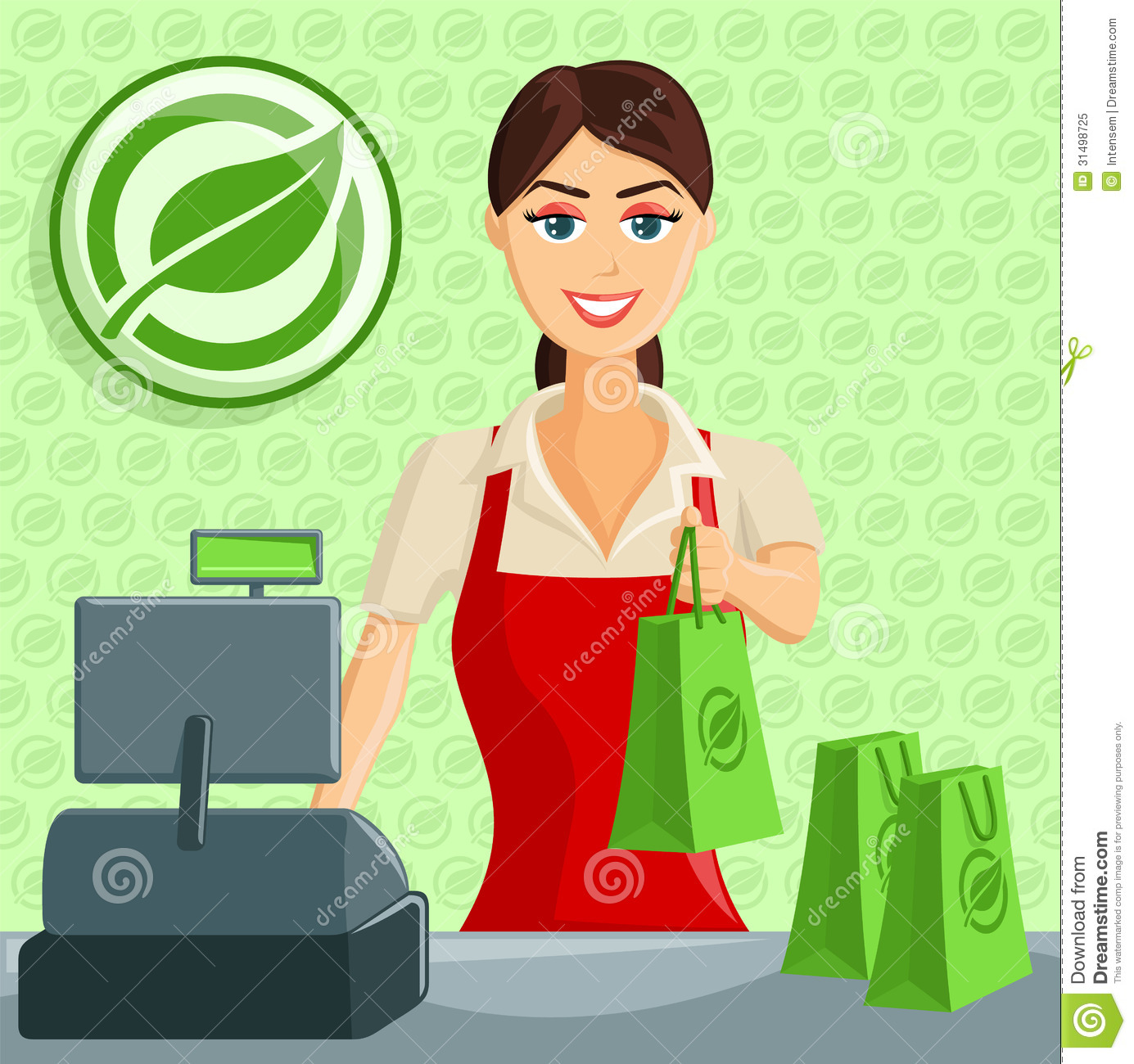 Smiling Cashier Girl At Eco Green Store Royalty Free Stock Photo
