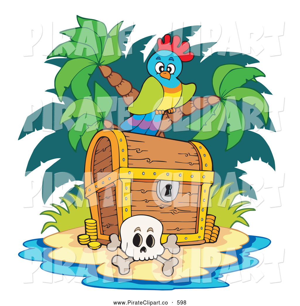 Vector Clip Art Of A Cute Parrot And Skull By A Treasure Chest On A
