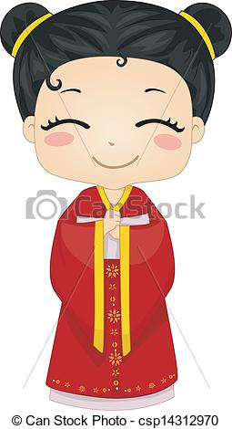 Vectors Illustration Of Little Chinese Girl Wearing National Costume