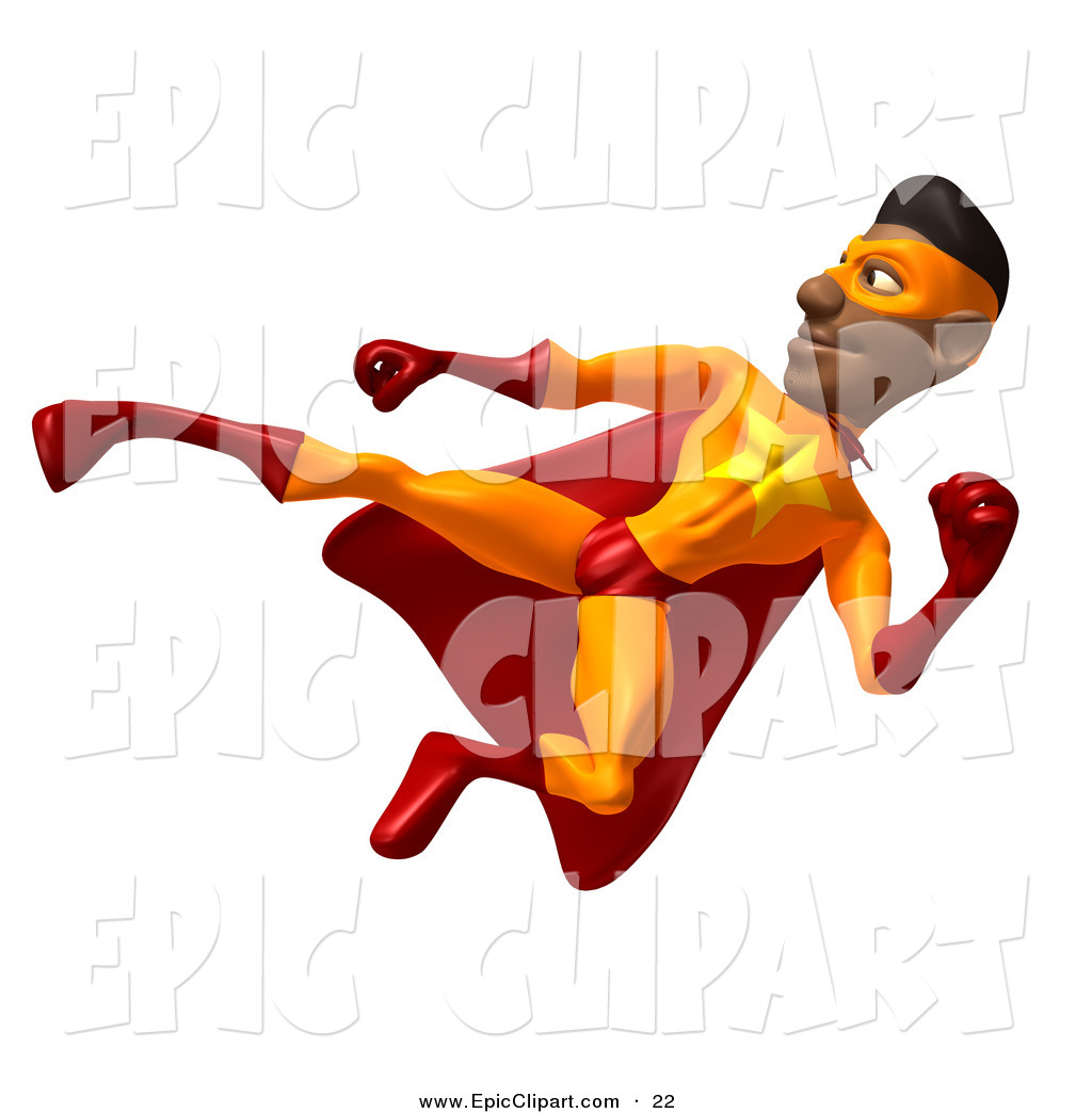 Clip Art Of A 3d African American Male Super Hero Doing A Flying Kick