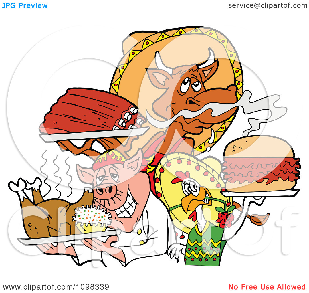 Clipart Chef Chicken Pig And Cow Holding Ribs Roasted Bird And Pulled