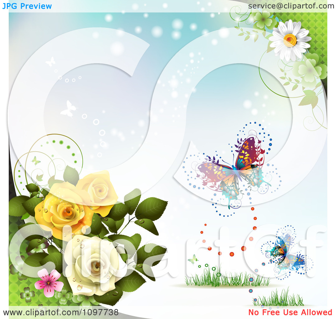 Clipart Rose And Blossom Background With Butterflies On Blue   Royalty