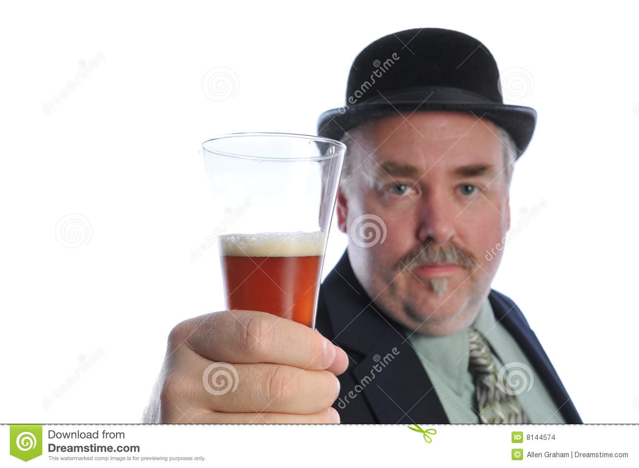Man With Mustache Wearing Bowler Derby Hat Suit And Tie Holding Glass