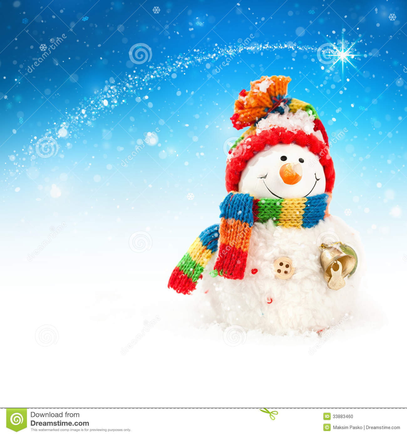 Snowman On A Blue Sky Background With Falling Snowflakes