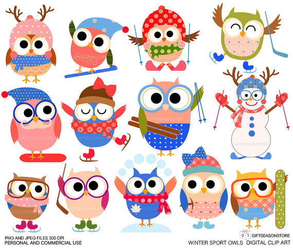Winter Sport Owl Digital Clip Art For Personal And Commercial Use