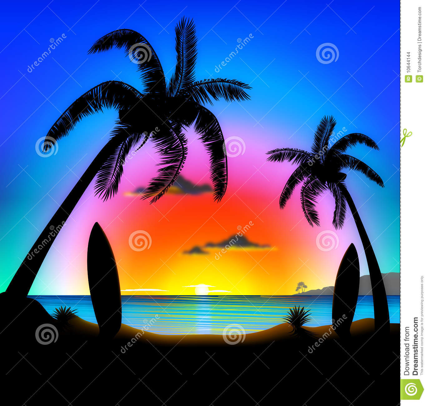 An Illustration Of A Tropical Paradise At Sun Set With A Silhouette Of