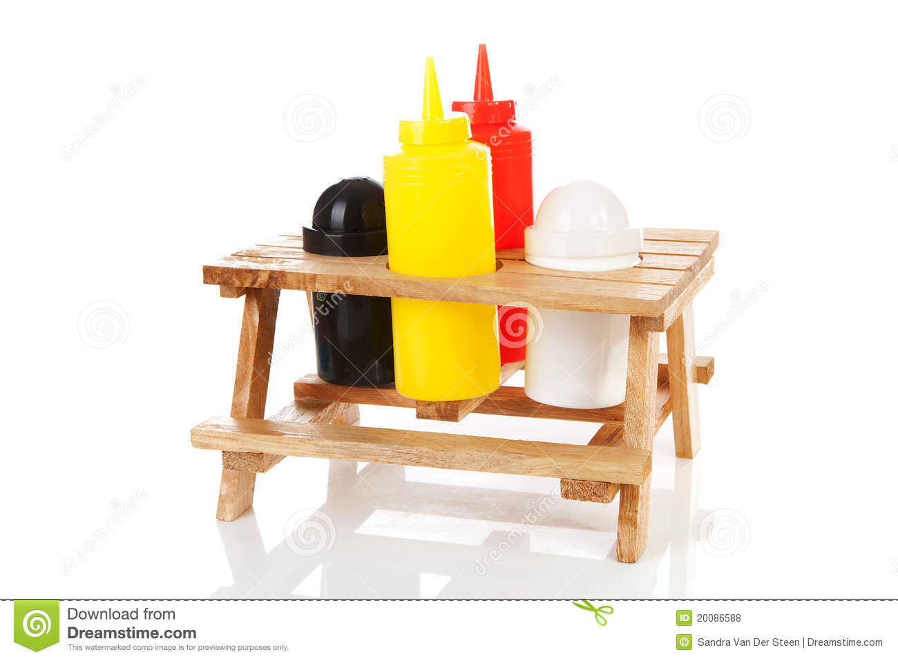 Picnic Table With Salt Pepper And Sauce Bottles Over White Background