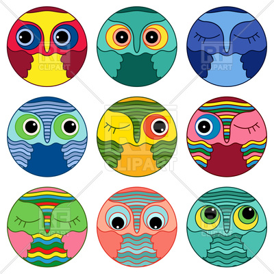 Set Of Colorful Owl Faces   Round Icons 92094 Download Royalty Free