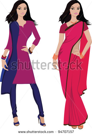 Beautiful Indian Young Woman In Colorful Sari And Salwar Kameez
