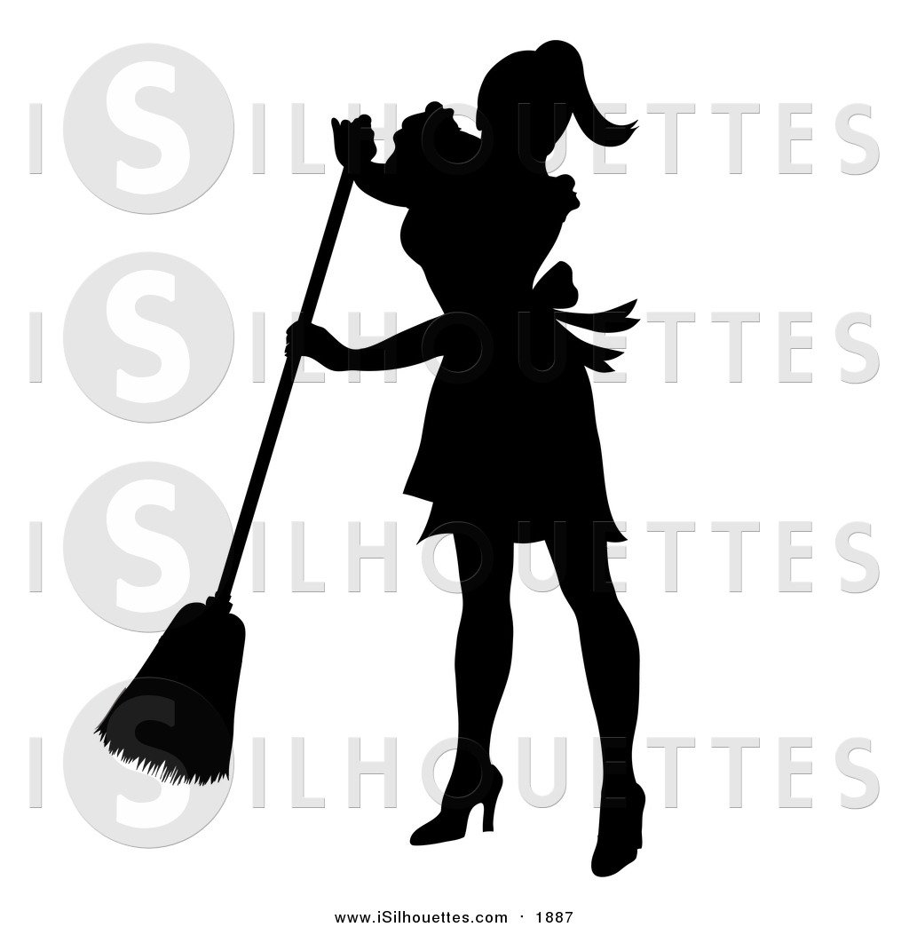 Black Silhouetted Maid Smiling And Sweeping Black Silhouetted Waitress