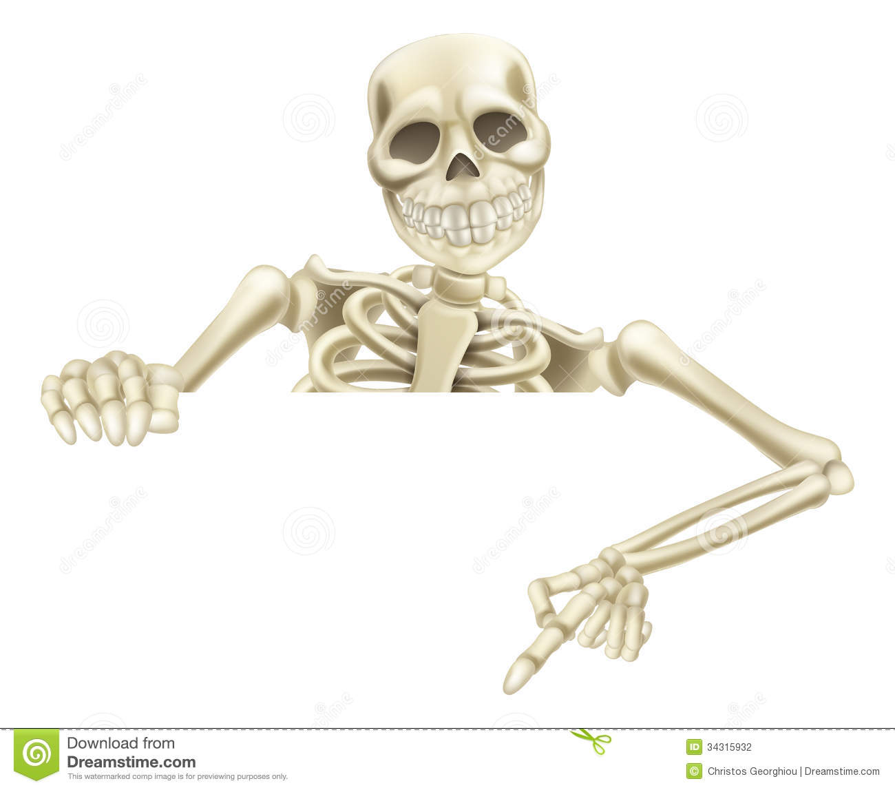 Of A Cartoon Halloween Skeleton Pointing Down At A Sign Or Scroll