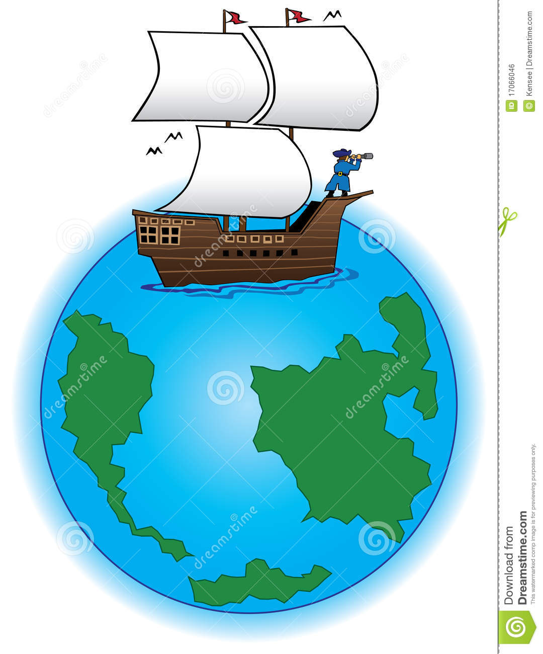 Sailing Ship With Captain In Bow Looking Toward Horizon With Telescope