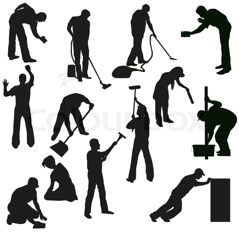 Set Of Thirteen Professional Cleaners Black Silhouettes   Vector