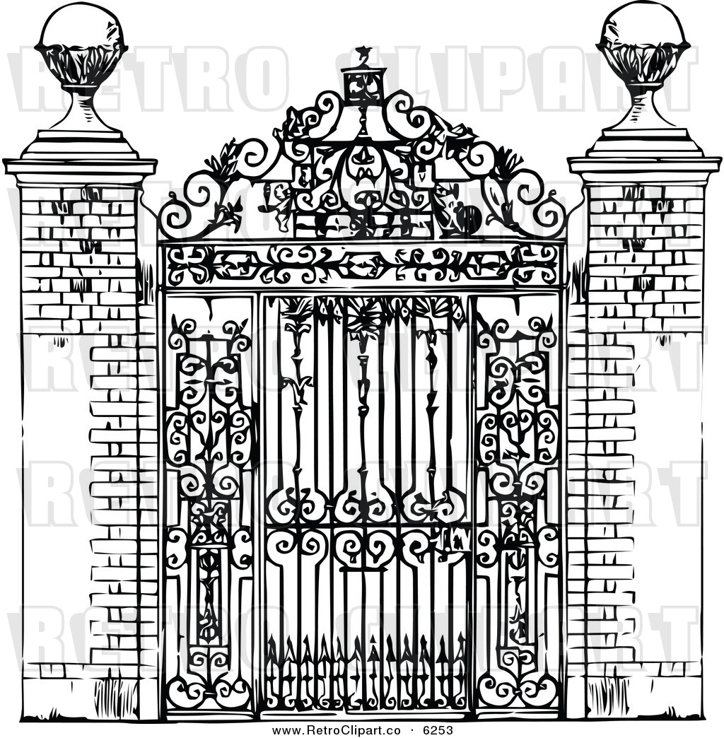 Vector Clipart Of A Retro Black And White Ornate Wrought Iron Gate By    
