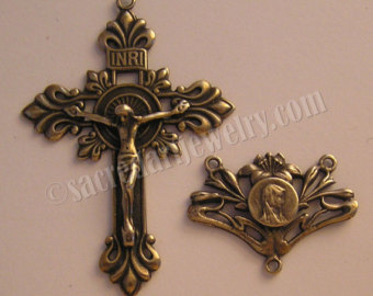 Art Nouveau Crucifix And Center Rosary Parts Set Sterling Silver  925    
