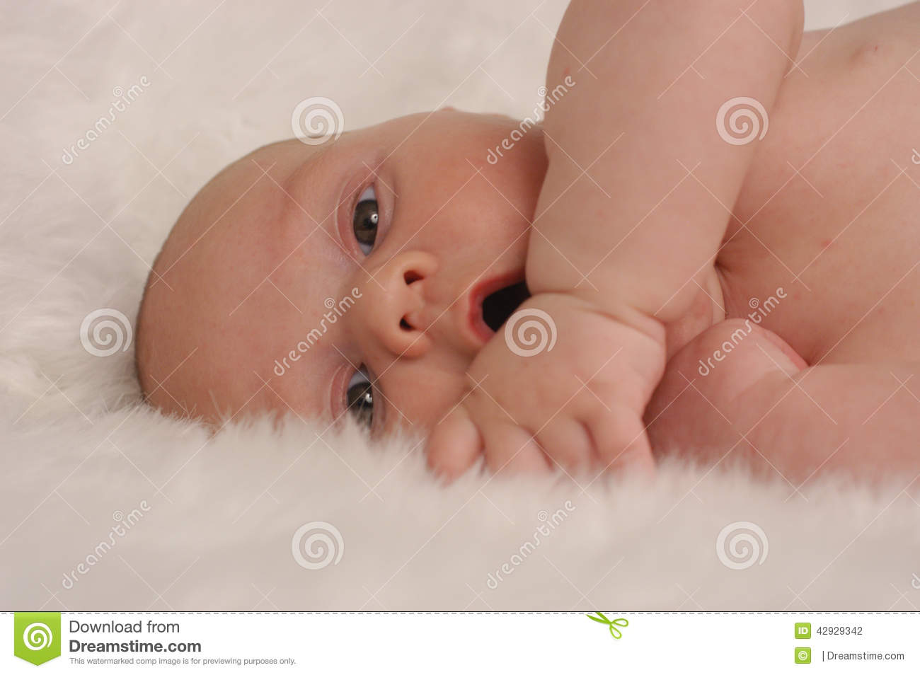 Caucasian Baby With Brown Eyes Lying On White Bear Skin Rug Yawning    