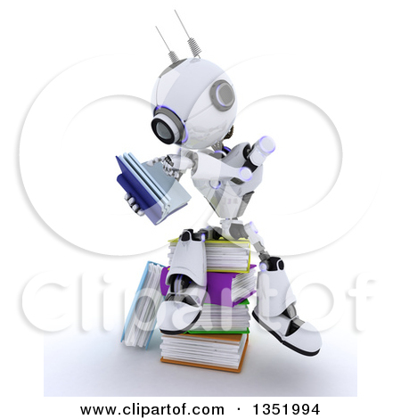 Clipart Of A 3d Futuristic Robot Reading And Sitting On A Stack Of