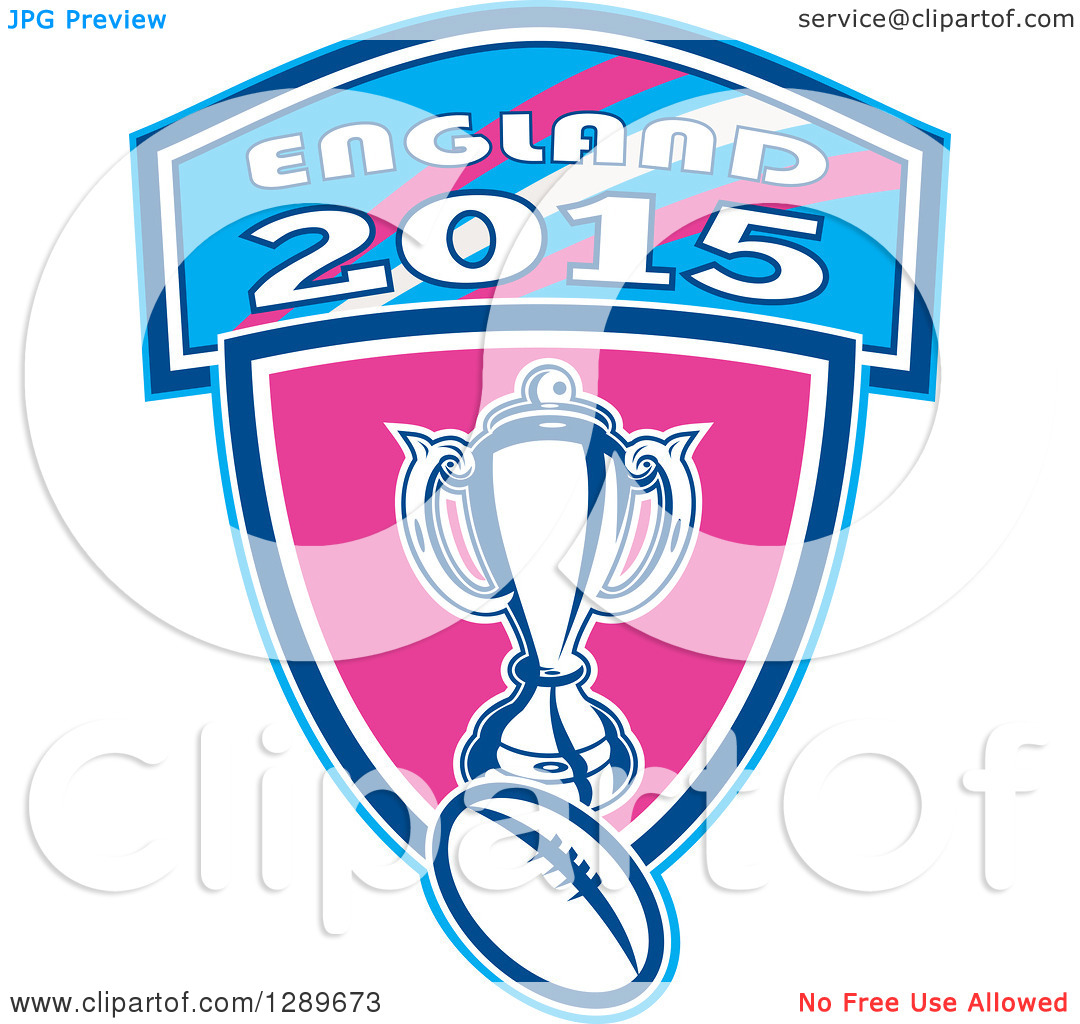 Clipart Of A Retro Rugby Ball And Trophy Over A Pink And Blue England