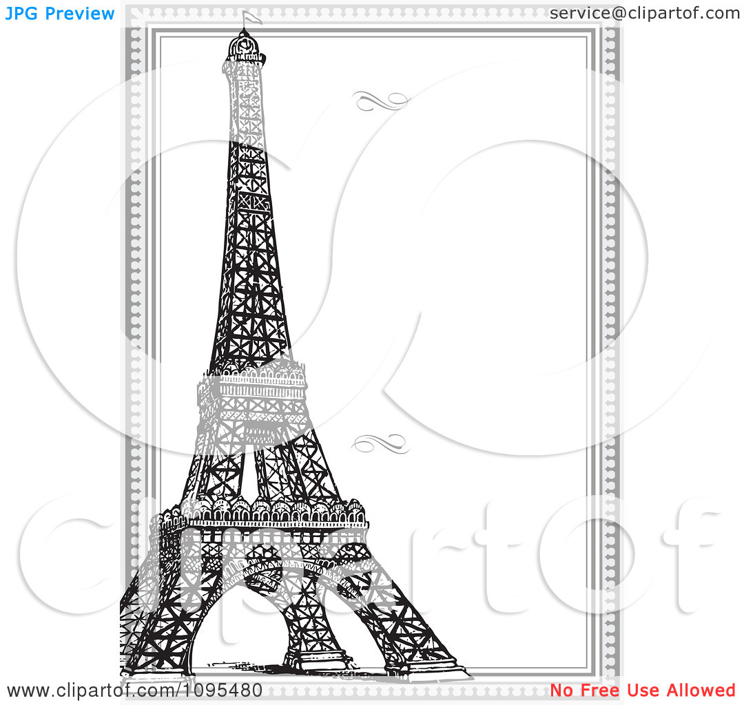 Clipart Vertical Black And White Eiffel Tower And Frame With Swirls    