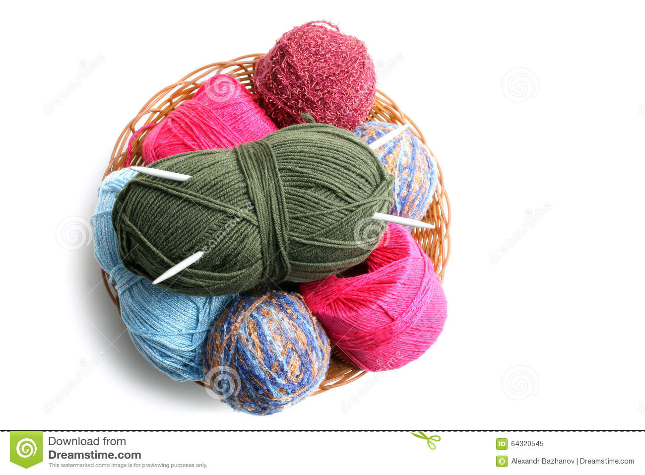 Colorful Yarn For Knitting With Knitting Needles In A Wicker Basket On