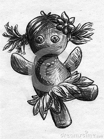Dancing Rag Doll Sketch Hand Drawn Pencil Dol Pigtails Flower Hair    