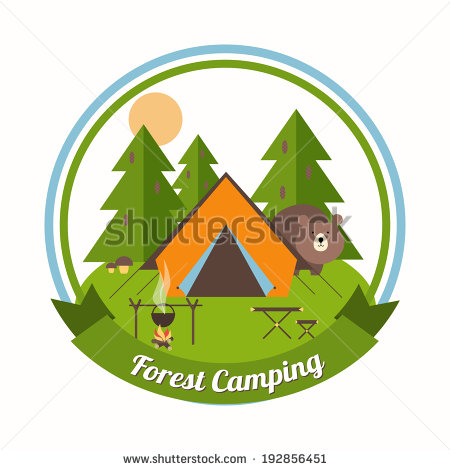 Forest Camping Circular Emblem With A Curious Bear Peering Around A