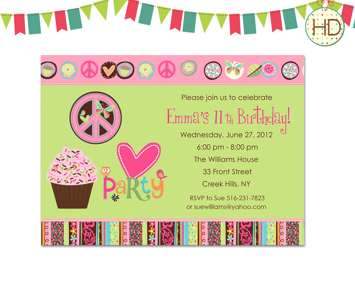 Peace Love And Cupcakes Invitation Hippie Chick By Hdinvitations