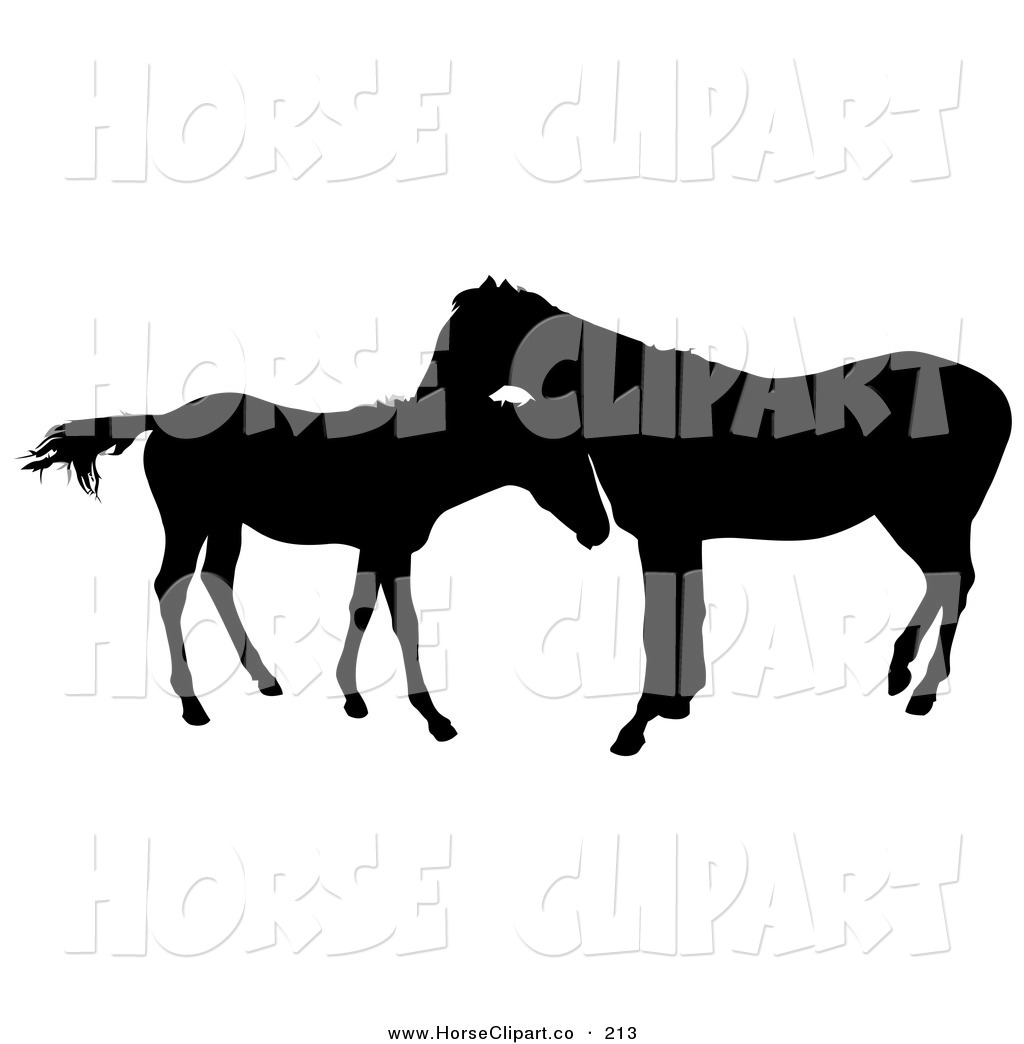 Black Silhouette Of A Horse Grooming A Foal Horse Standing And Facing
