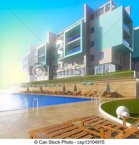 Clipart Of Swimming Pool And Modern Hotel A 3d Illustration Of Idyllic