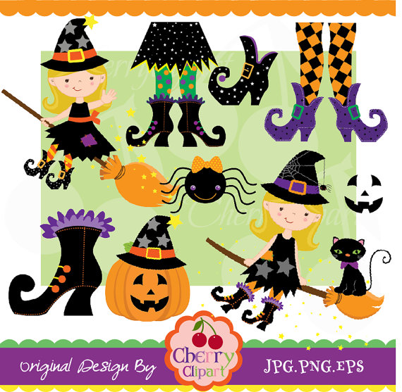 Halloween Cute Witches And Witch Feet Digital Clipart Set  Personal    
