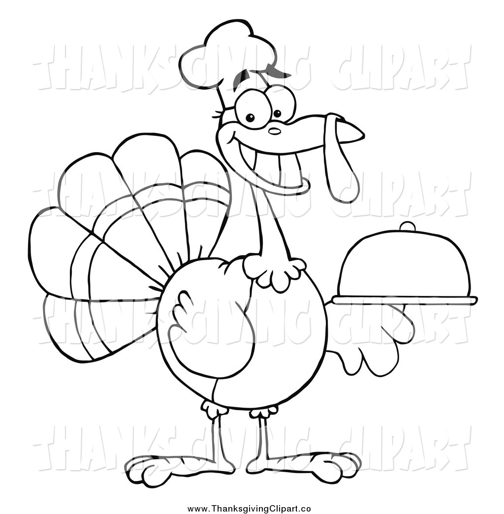 Lineart Thanksgiving Turkey Bird Chef Holding A Platter By Hit Toon