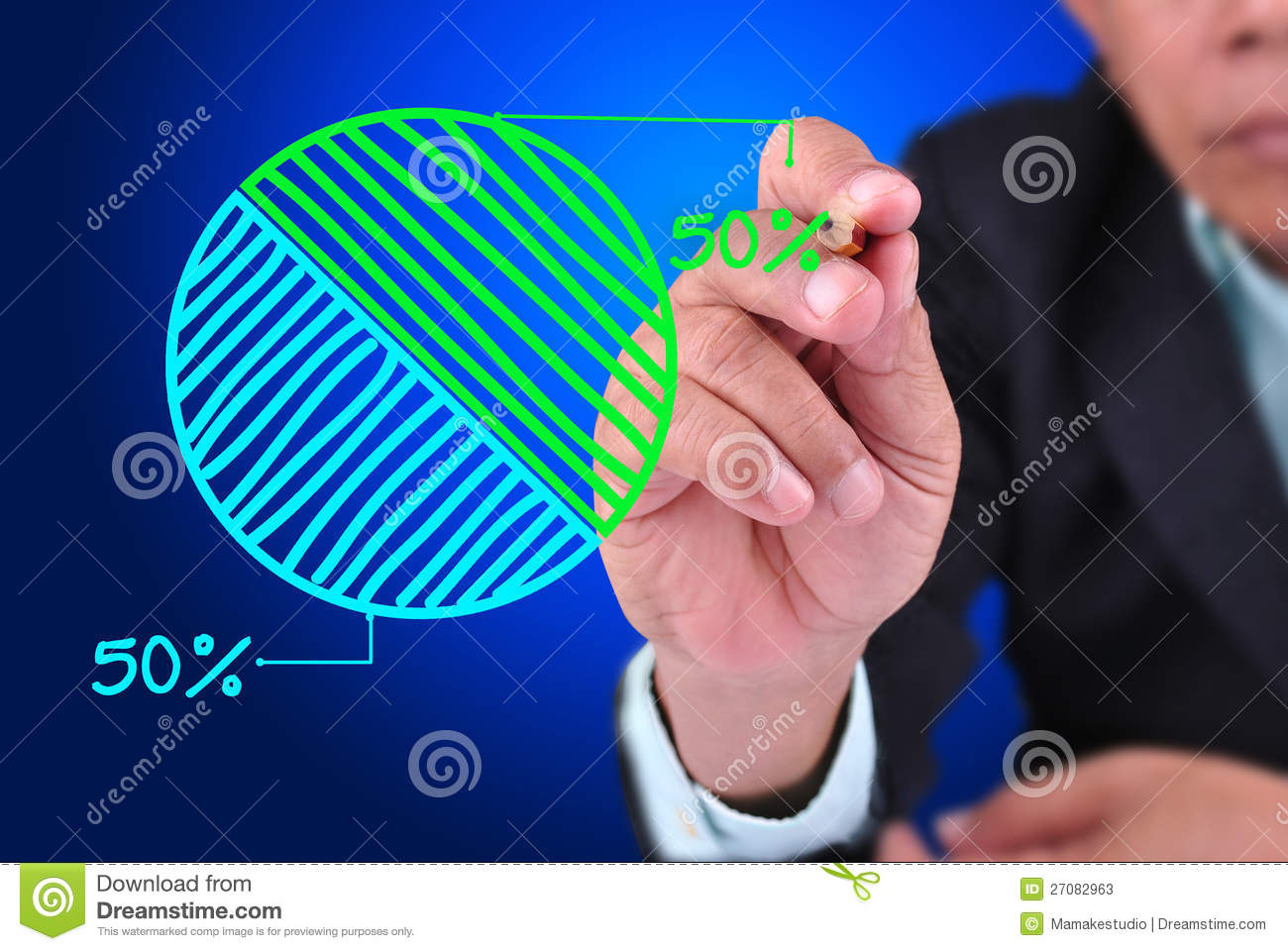 Man Drawing 50   50 Percent Pie Chart  With Green   Blue Pie Chart