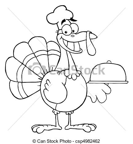 Vector Illustration Of Happy Turkey Chef Serving A Platter   Coloring