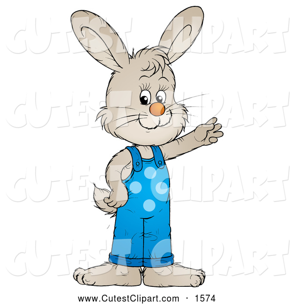 Clip Art Of A Smiling Friendly Gray Bunny In Blue Overalls Waving By    