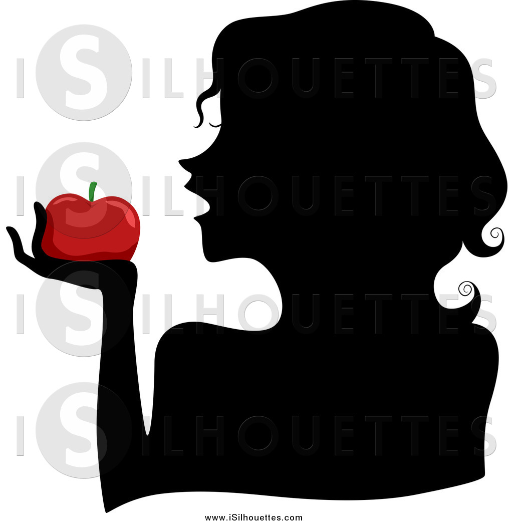 Clipart Of A Black Silhouetted Woman In Profile Holding A Red Apple    