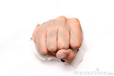 Hand Punching Through Paper Isolated Over White Background 