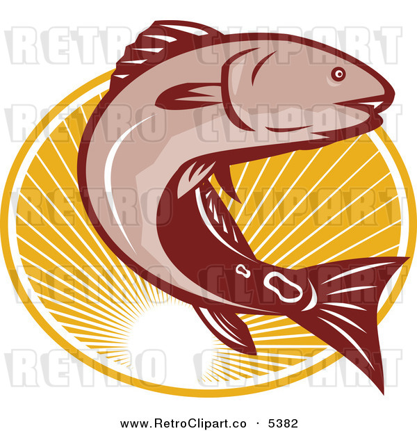 Vector Clipart Of A Retro Leaping Red Drum Bass Fish Over An Oval Of