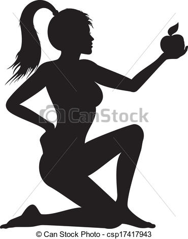 Vector Of Silhouette Girl With Apple   Illustration Silhouette Woman